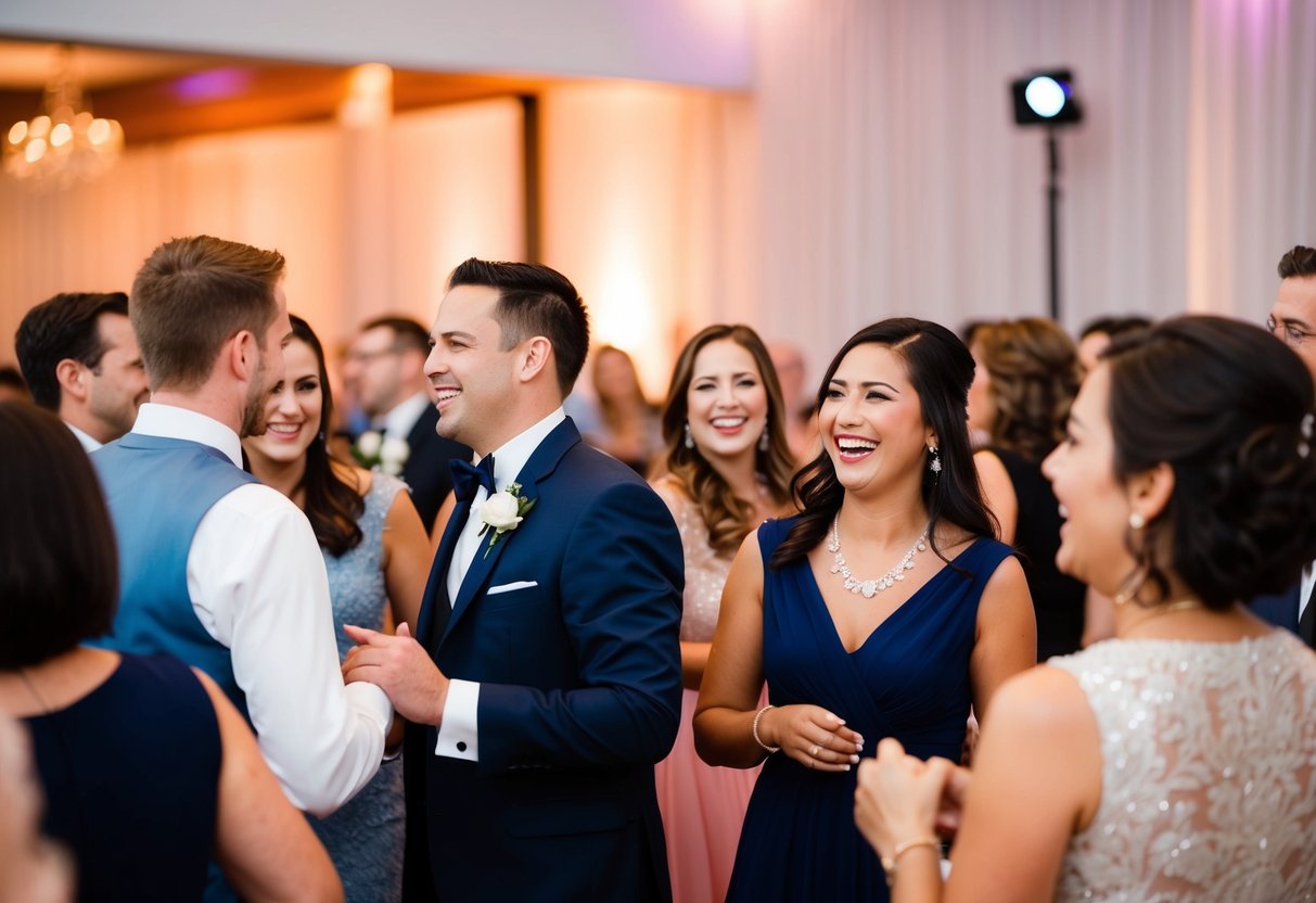 A group of guests chatting and laughing while watching others dance at a wedding reception