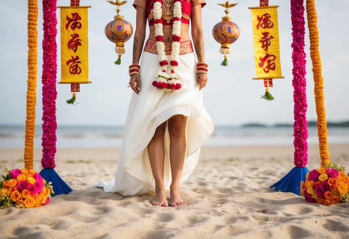 A bride stands barefoot on a sandy beach, surrounded by vibrant flowers and traditional cultural symbols