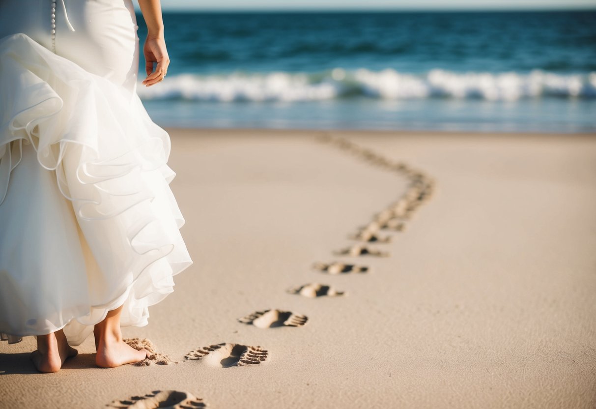 A bride's bare feet on a sandy beach, with a trail of footprints leading towards the ocean