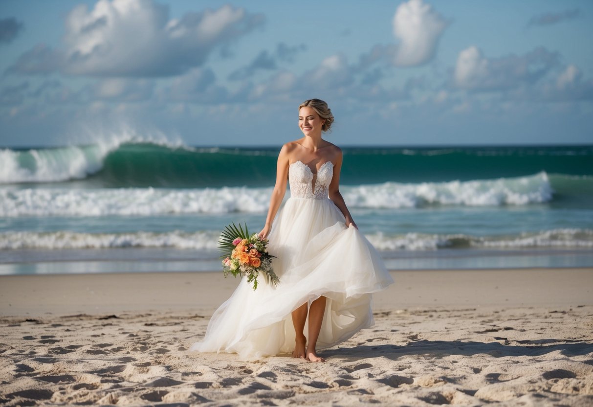 A bride in a flowing white gown stands barefoot on a sandy beach, surrounded by tropical flowers and the sound of crashing waves