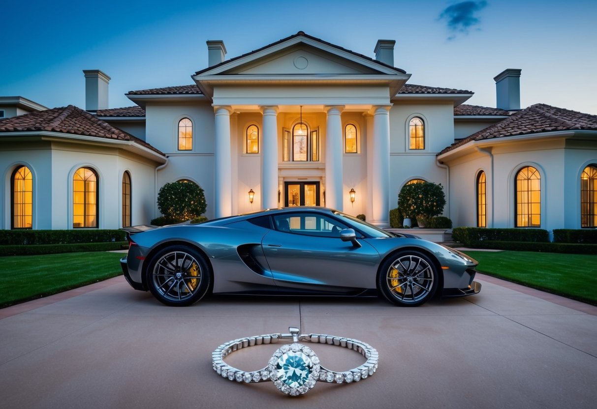 A luxurious mansion with a grand entrance, a sleek sports car, and a sparkling diamond necklace