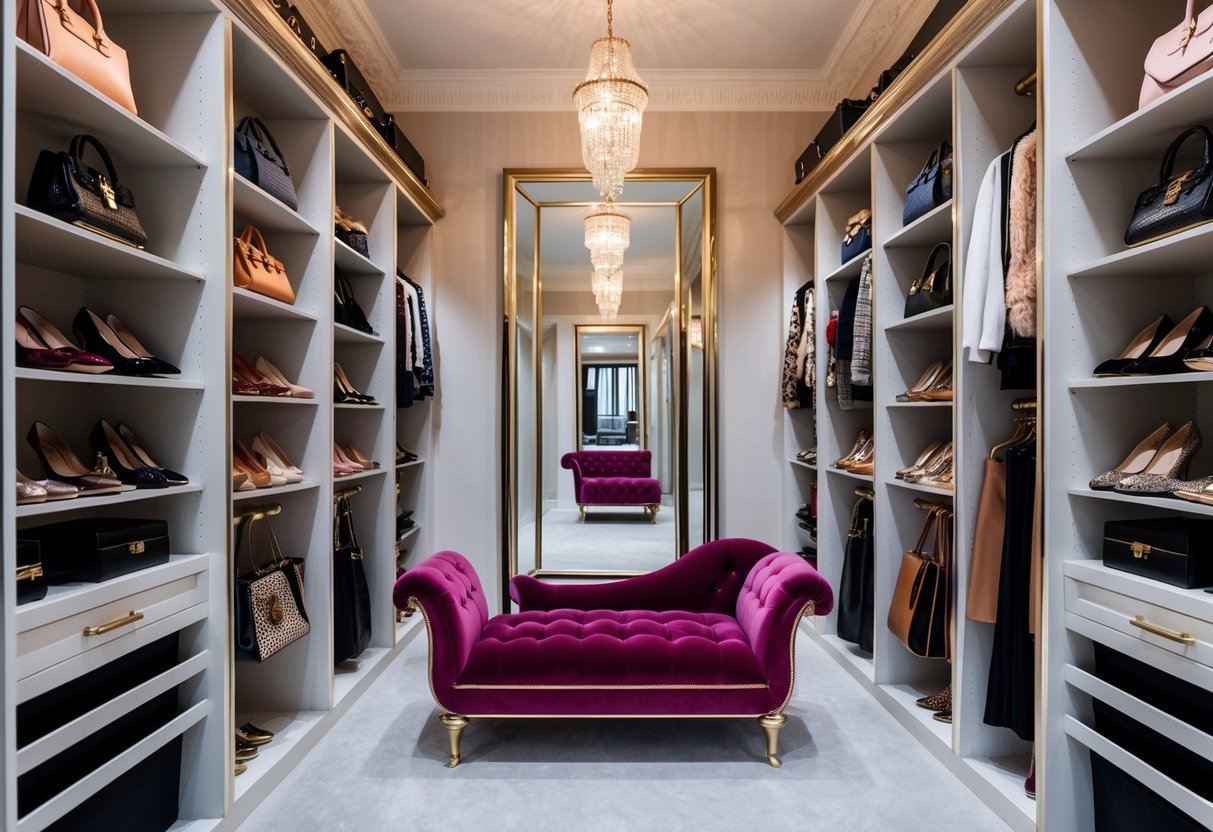 A luxurious walk-in closet filled with designer shoes, handbags, and jewelry. A plush velvet chaise lounge and a full-length mirror add to the opulent atmosphere