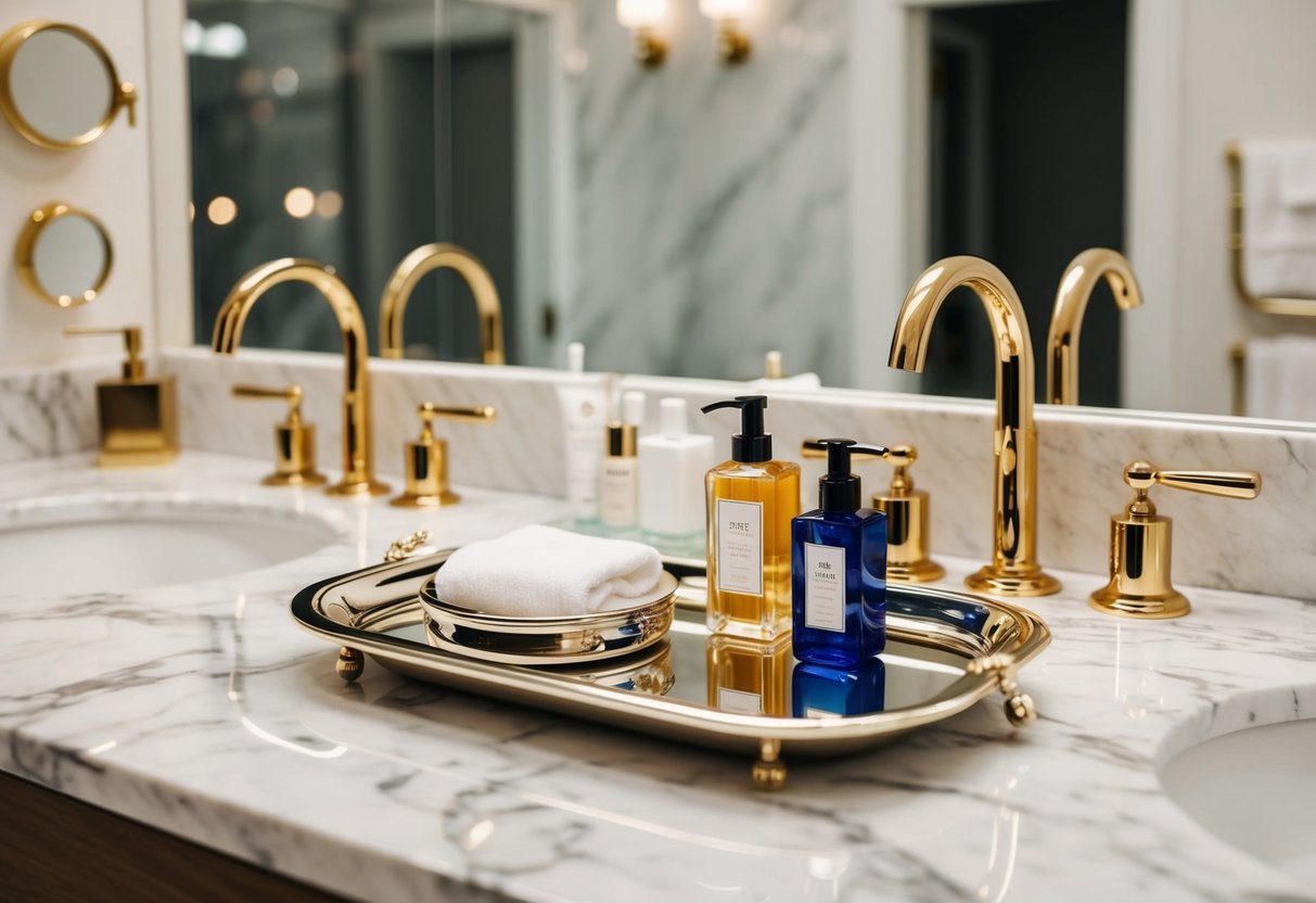 A luxurious bathroom with marble countertops, gold fixtures, and designer toiletries arranged neatly on a silver tray