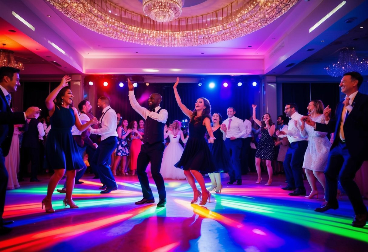 A lively dance floor with colorful lights and energetic music, filled with joyful guests enjoying the celebration