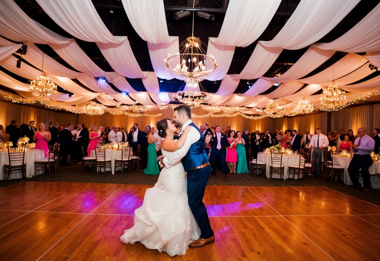 A lively wedding reception with a spacious dance floor and festive decor, indicating a joyful atmosphere