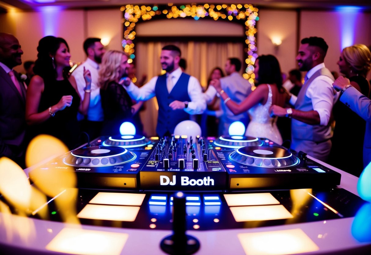A DJ booth with a wedding theme, surrounded by dancing guests and colorful lights