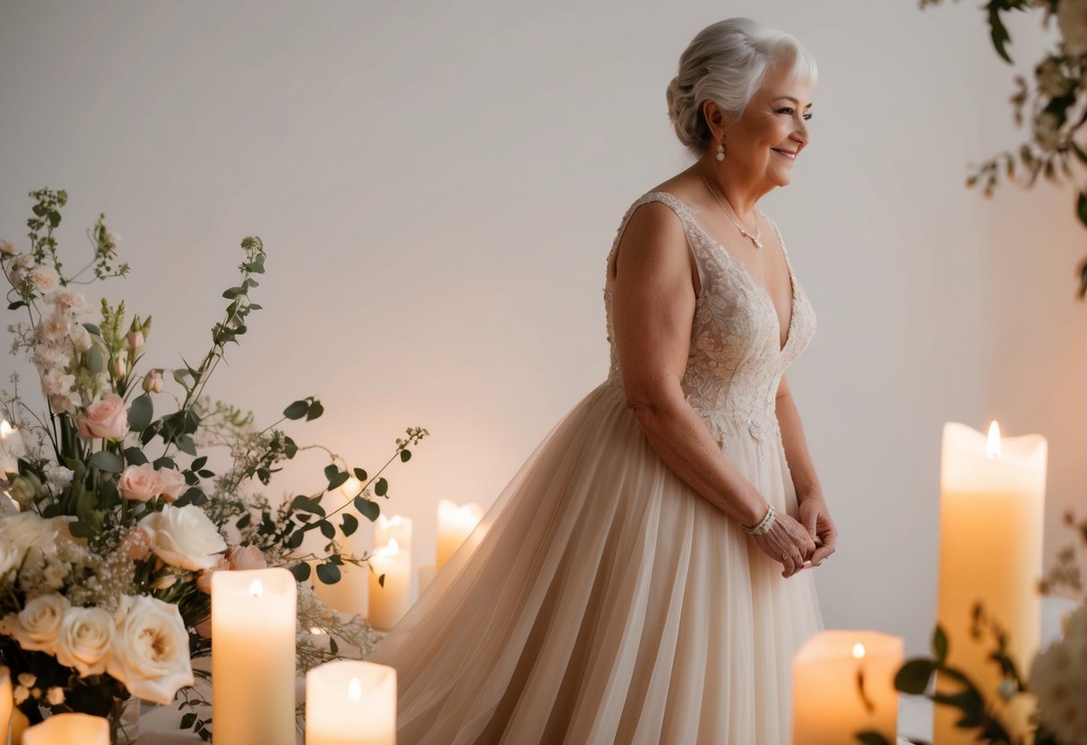 An older woman in a flowing champagne-colored wedding dress, surrounded by soft candlelight and delicate floral arrangements