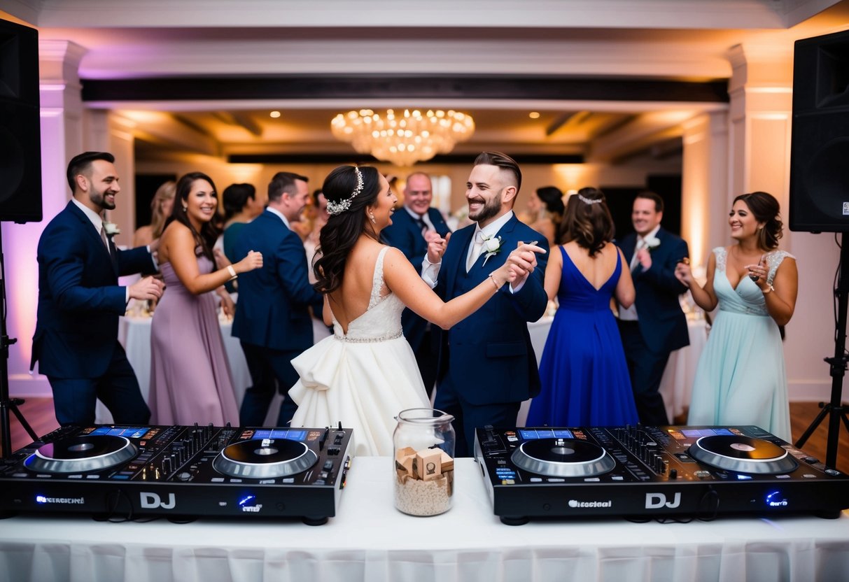 A wedding reception with a DJ booth and dancing guests, a tip jar on the table, and a happy couple at the center of the celebration