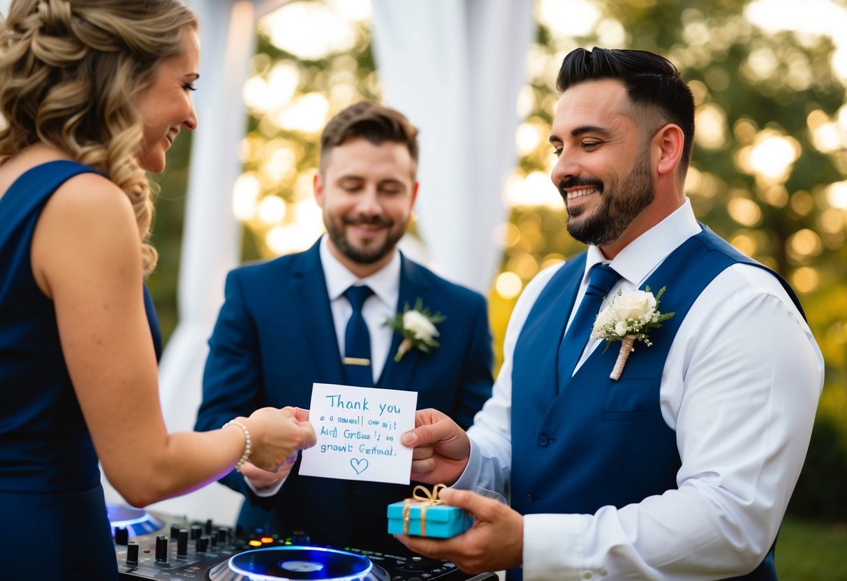 A wedding DJ receiving a heartfelt thank-you note and a small gift from a grateful couple