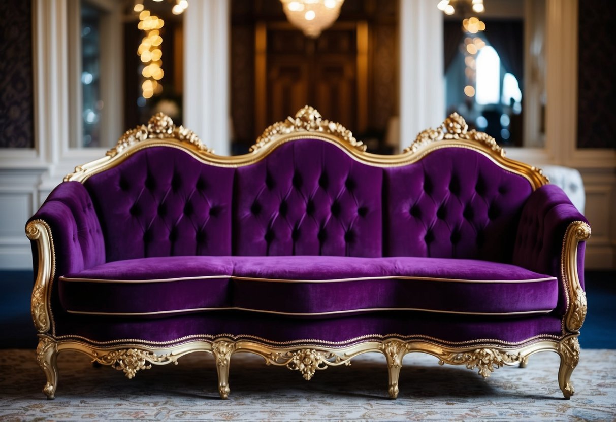 A luxurious, deep purple velvet couch with gold trim and ornate detailing