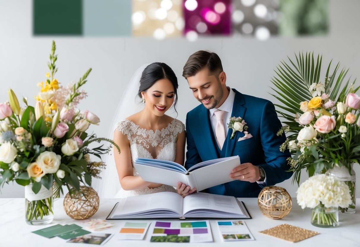 A bride and groom surrounded by various wedding theme elements such as flowers, colors, and decor samples, while browsing through a wedding planning book
