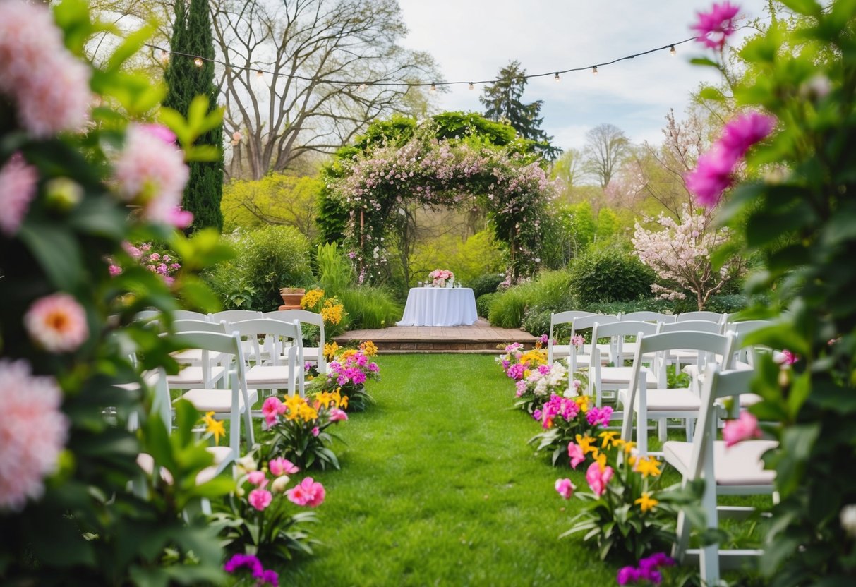 A lush garden venue in spring, with blooming flowers and vibrant greenery, sets the perfect backdrop for a romantic and whimsical wedding theme