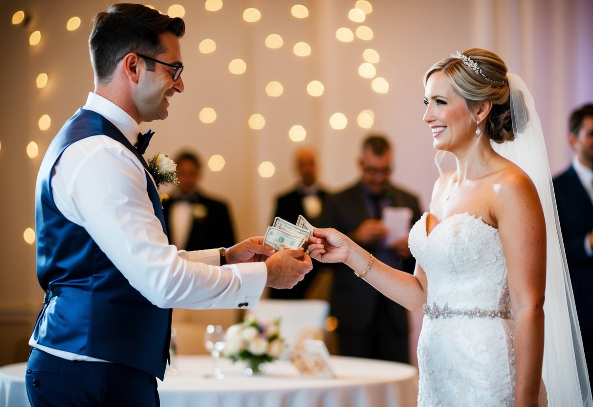 A bride and groom standing at a reception table, handing cash to a vendor with a smile