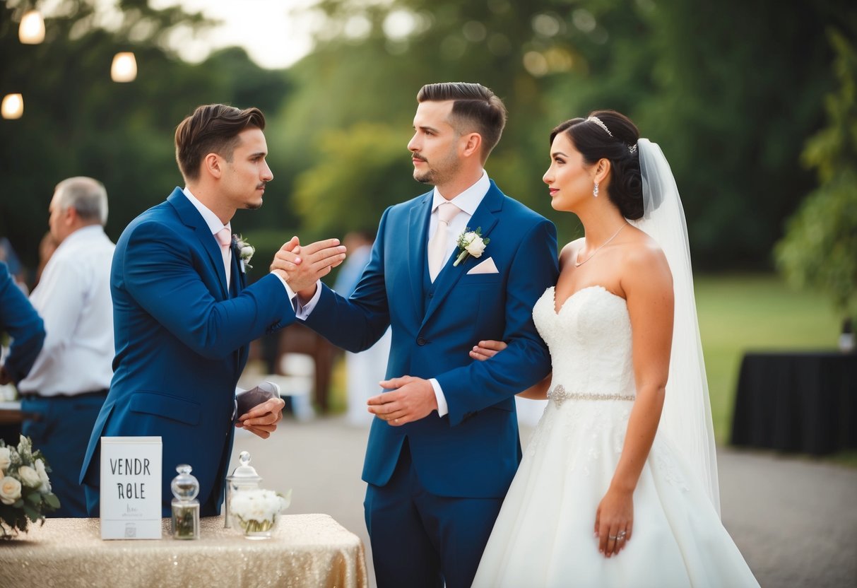 A bride and groom standing beside a vendor table at a wedding, with the vendor holding out their hand and the couple looking uncertain
