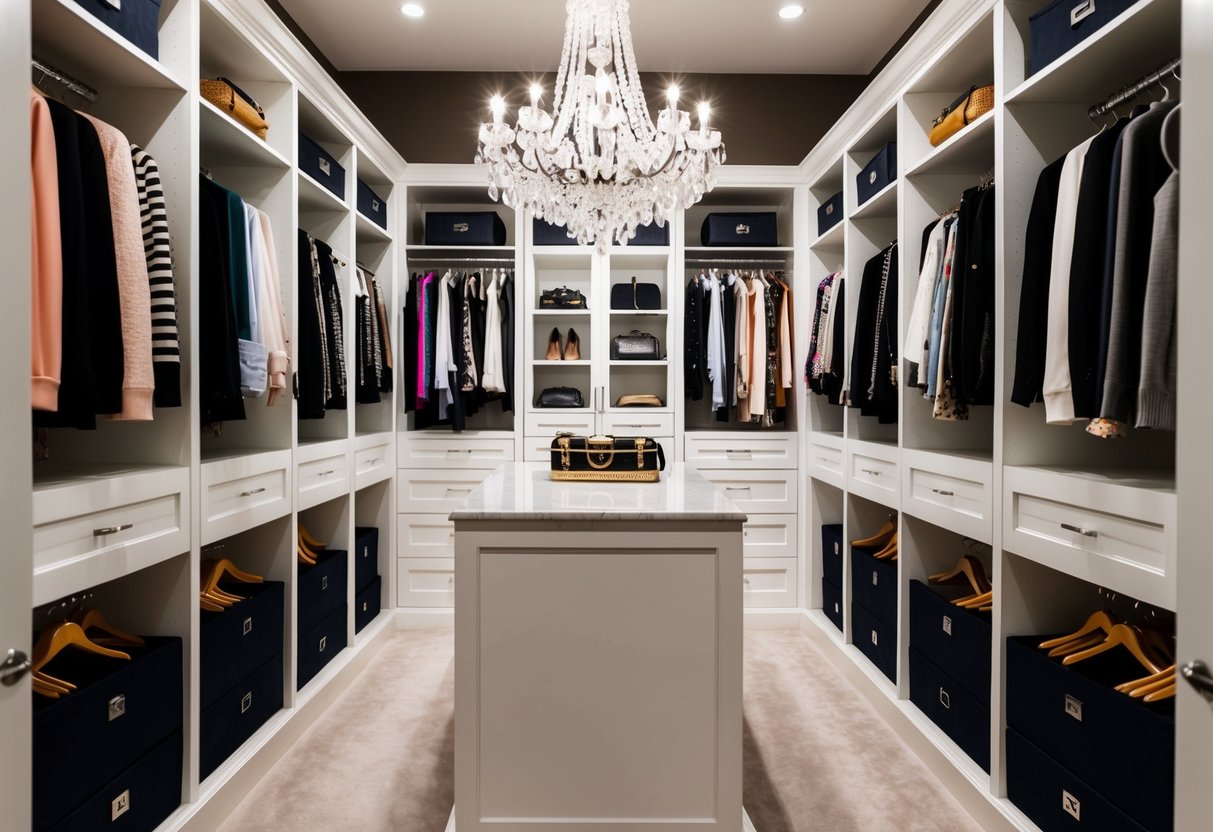 A luxurious walk-in closet with designer clothing and accessories neatly arranged on shelves and hangers, with a grand chandelier hanging from the ceiling