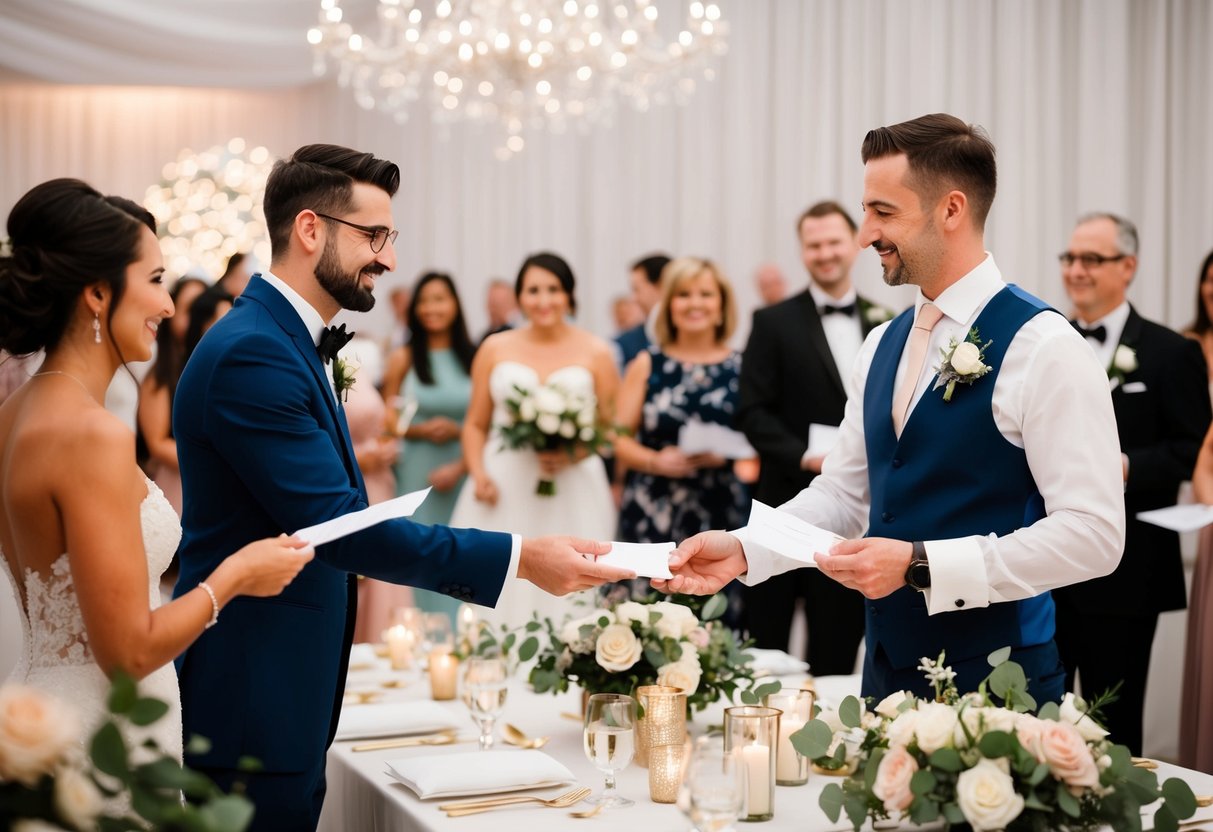 The bride and groom handing envelopes to various vendors at their wedding reception