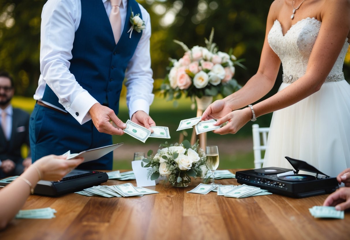 A bride and groom placing envelopes of money into the hands of various wedding vendors such as the photographer, caterer, and musician