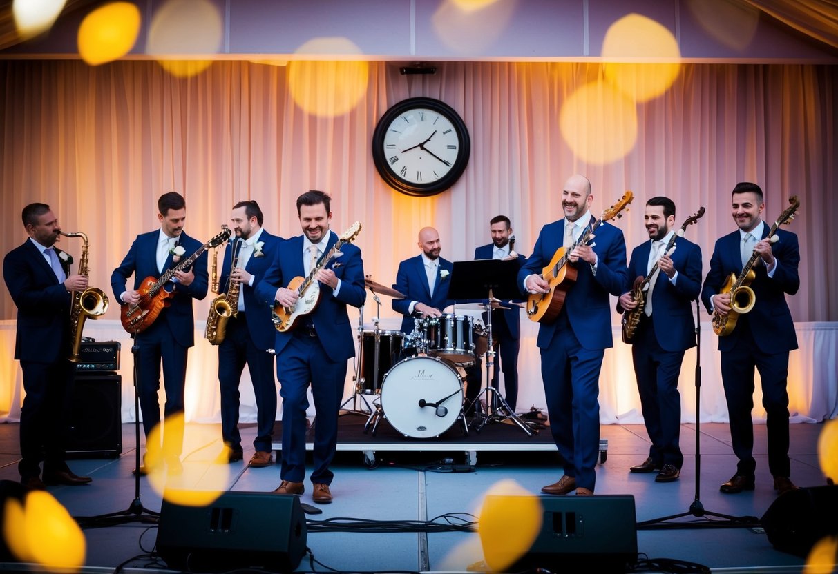 A wedding band playing a variety of instruments on a stage with a clock showing 4 hours