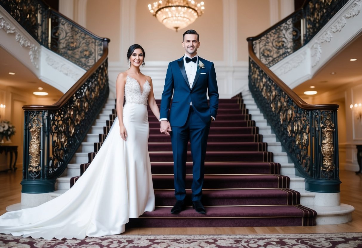A man in a tailored tuxedo and a woman in a floor-length gown stand in front of an ornate, grand staircase at a luxurious wedding venue