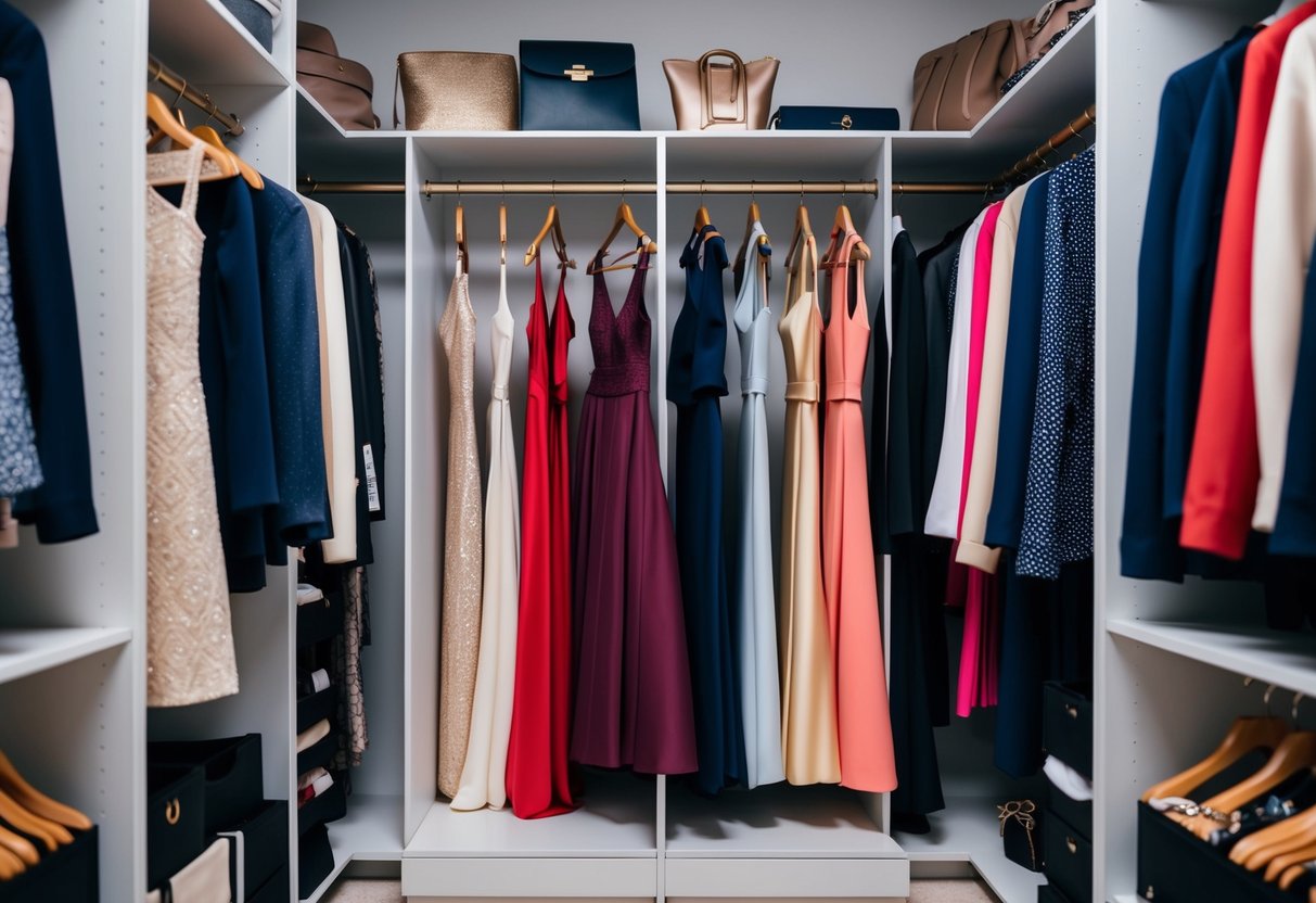 A walk-in closet with elegant dresses, suits, and accessories neatly organized on hangers and shelves