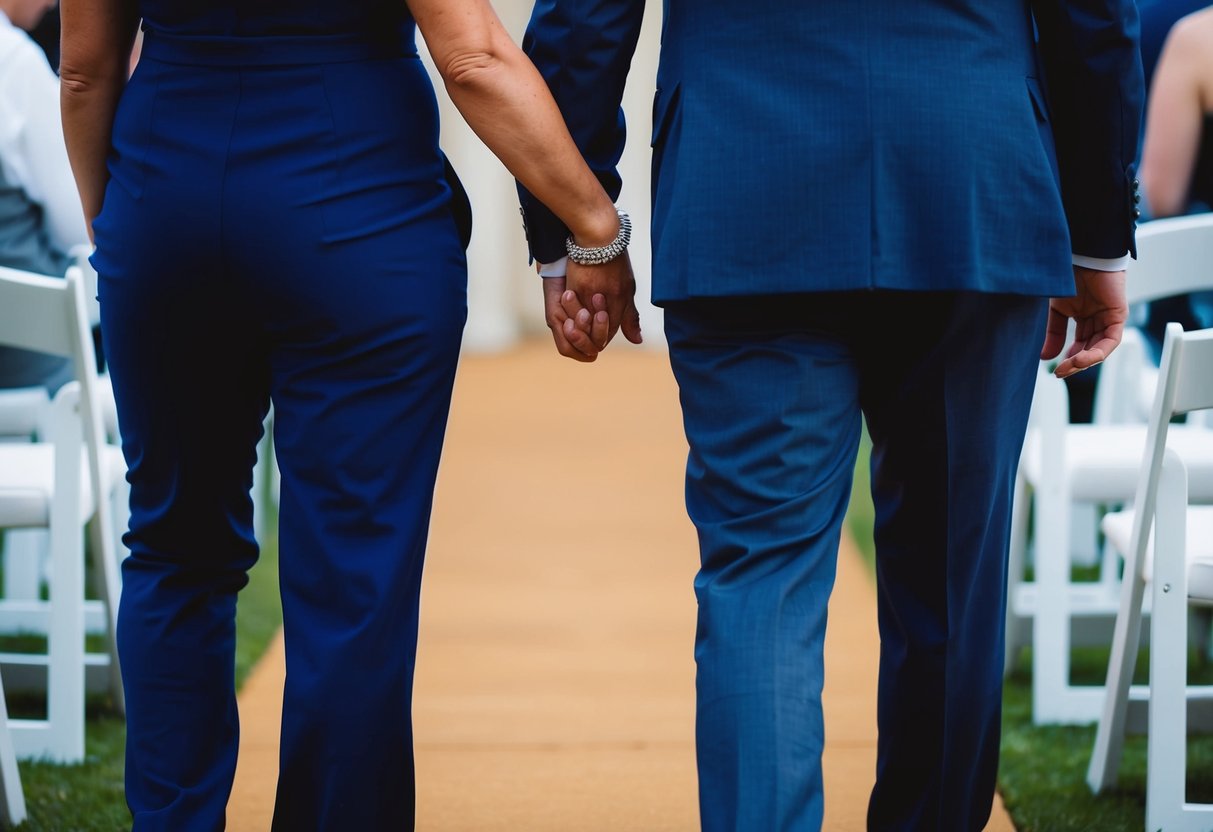 Two figures walking side by side, their arms interlocked at the elbow. Their bodies are close together as they move down the aisle