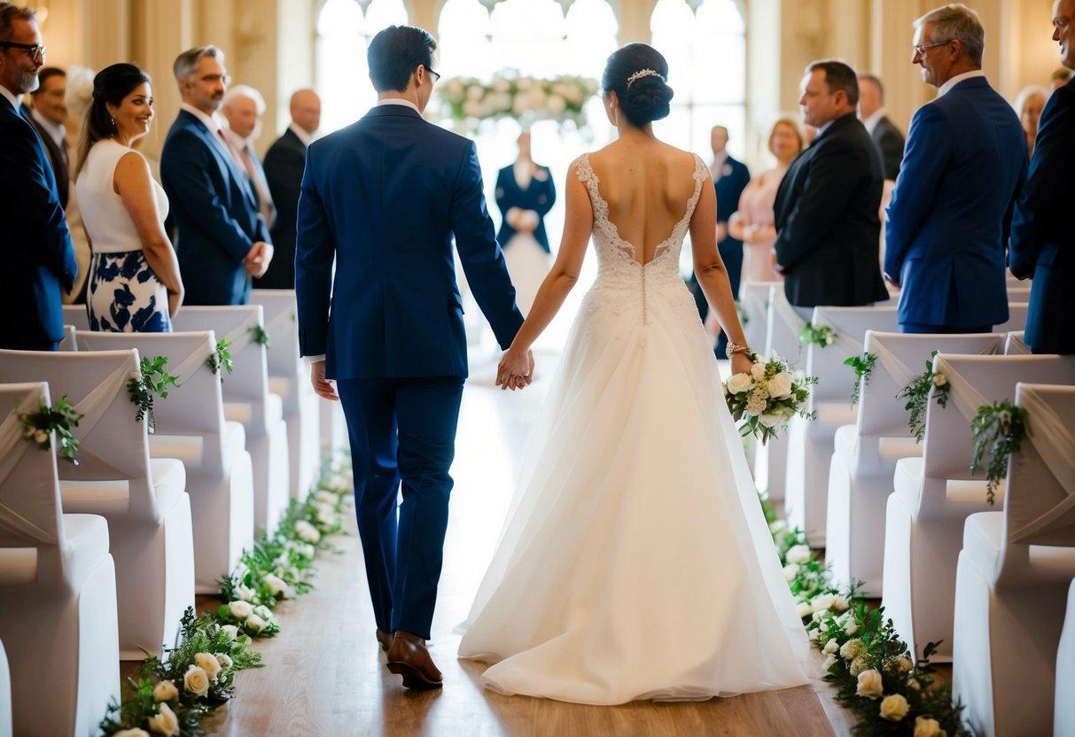 Two figures lock arms, walking down the aisle in a graceful and synchronized manner