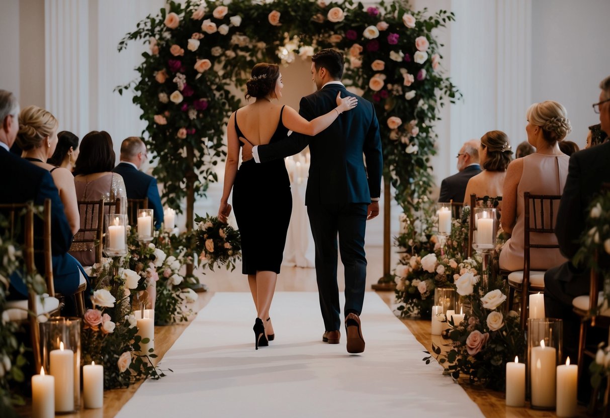 Two figures locking arms, walking down the aisle, surrounded by flowers and candles