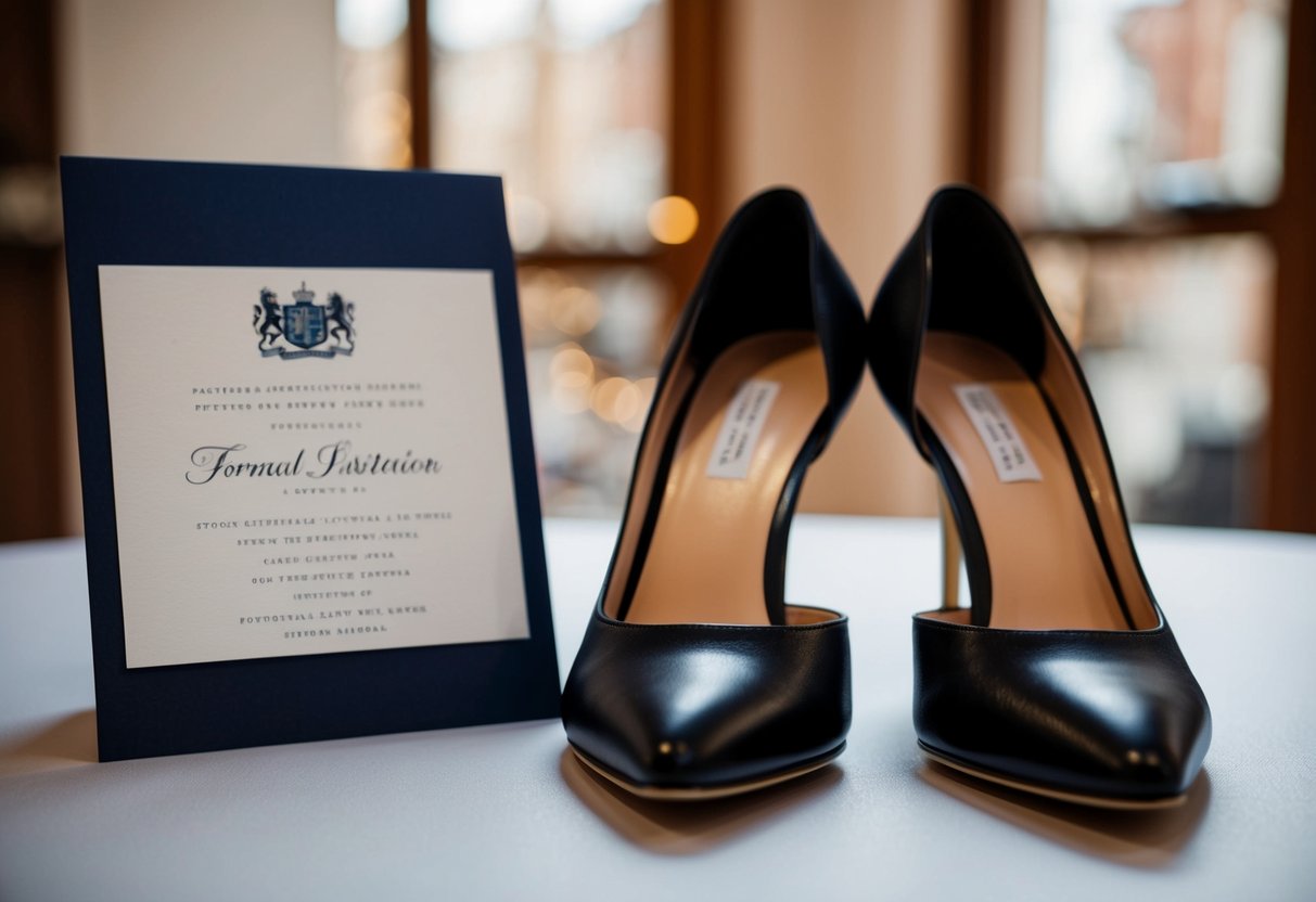 A pair of elegant black shoes placed next to a formal invitation on a table