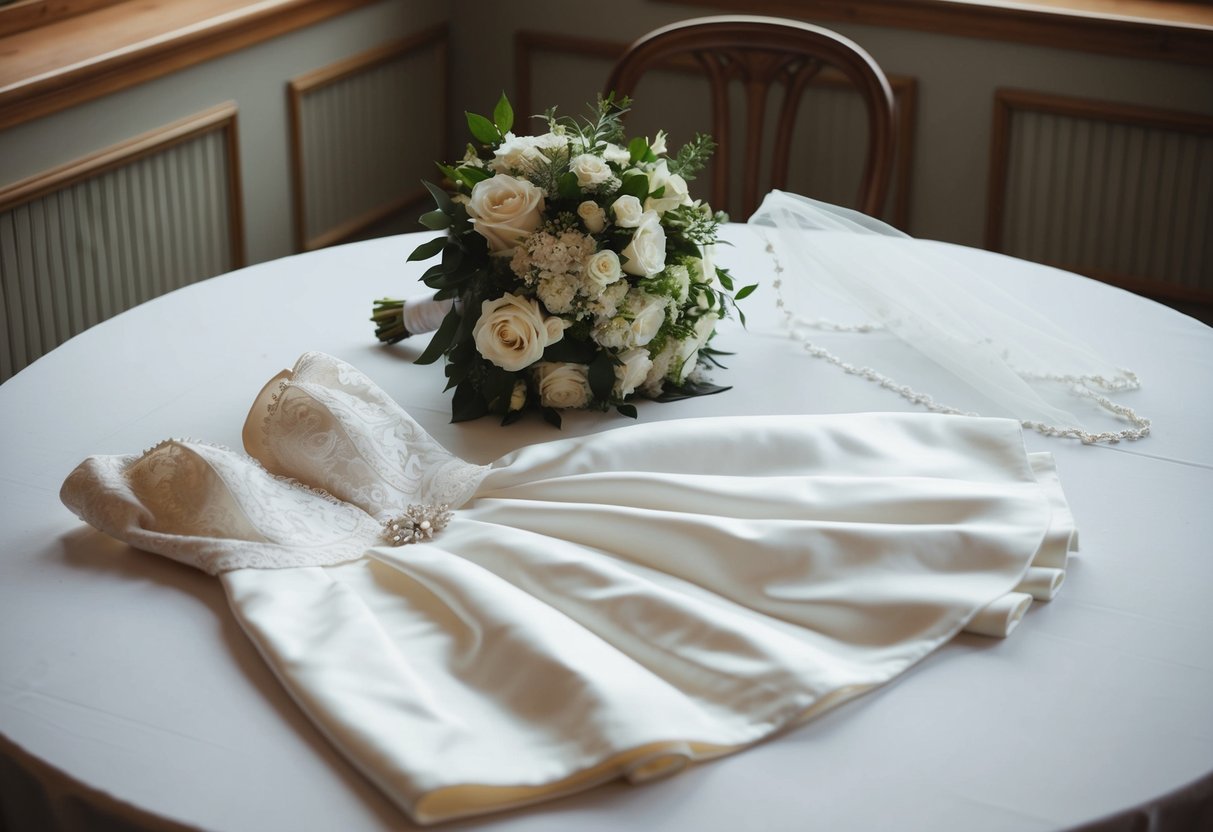 A bride's dress, veil, and bouquet laid out on a table
