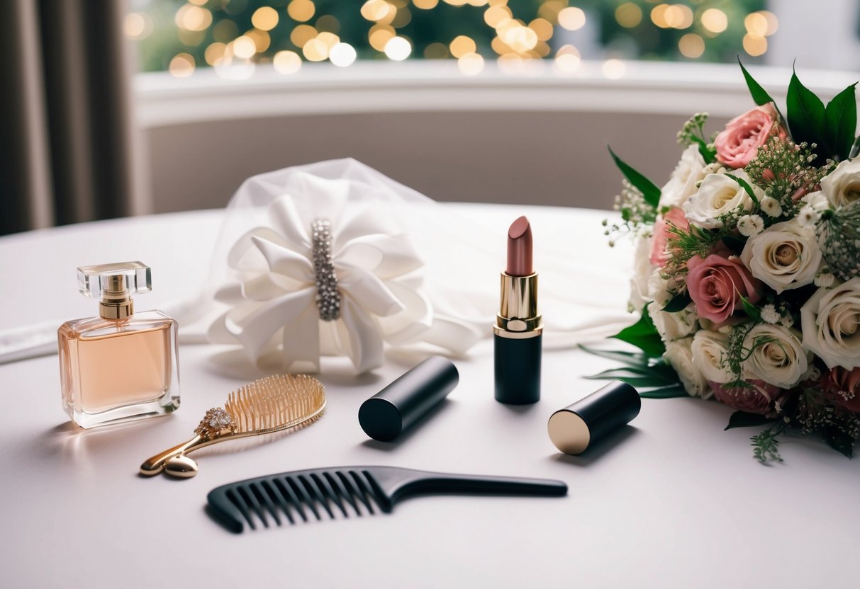 A bride's wedding day essentials laid out on a table: perfume, earrings, veil, hair comb, lipstick, and a bouquet of flowers