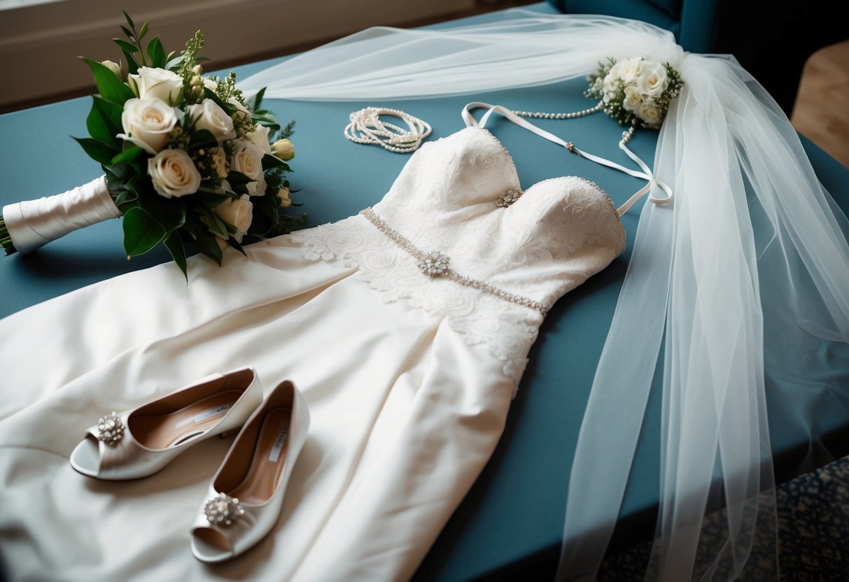 A wedding dress, veil, and bouquet laid out on a table with jewelry and shoes nearby
