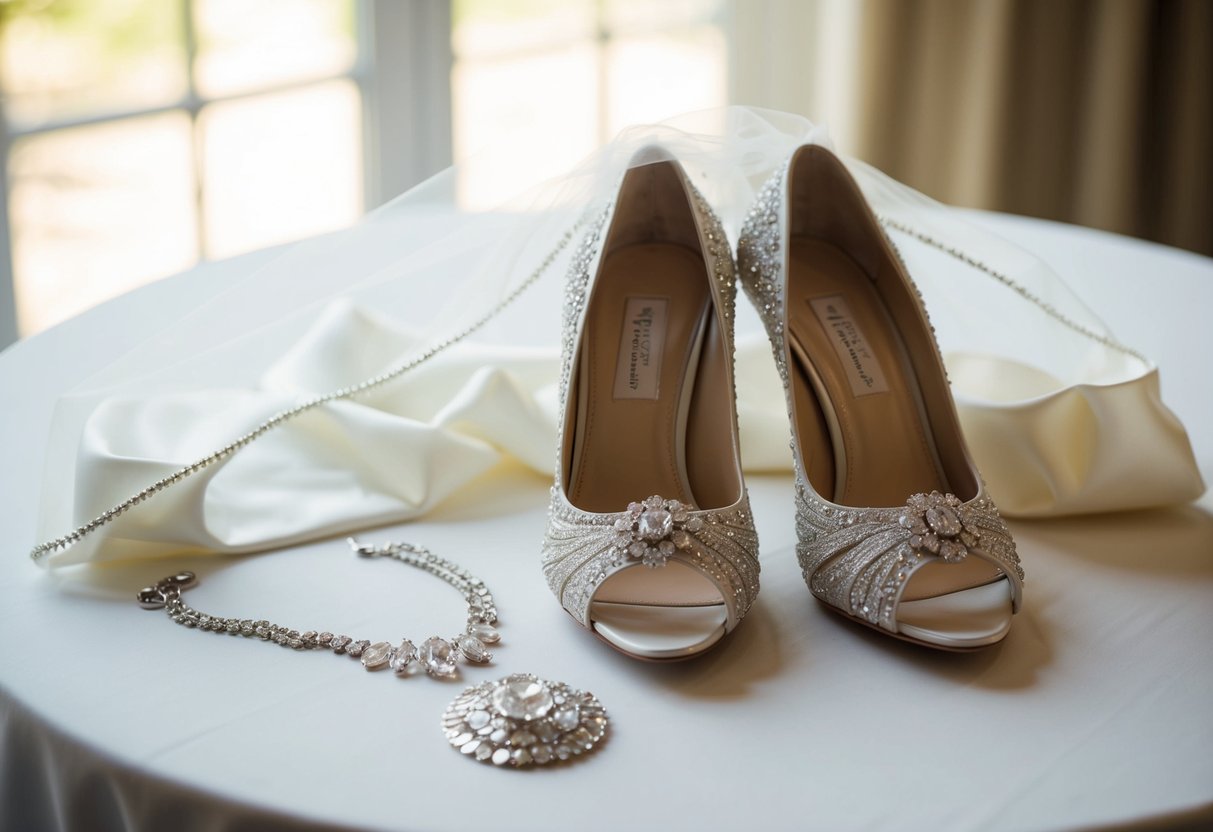 A bride's wedding attire laid out on a table, including a delicate veil, sparkling jewelry, and elegant shoes