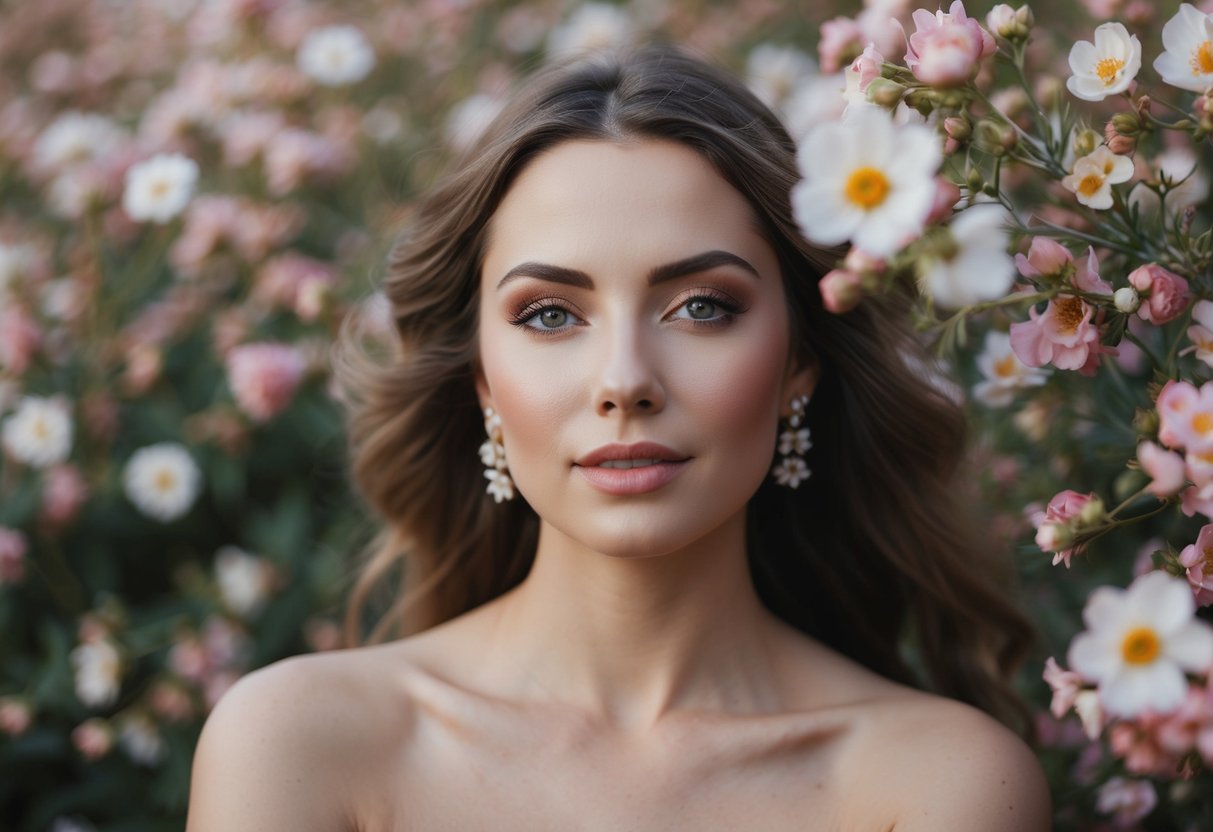 A woman with natural beauty surrounded by blooming flowers