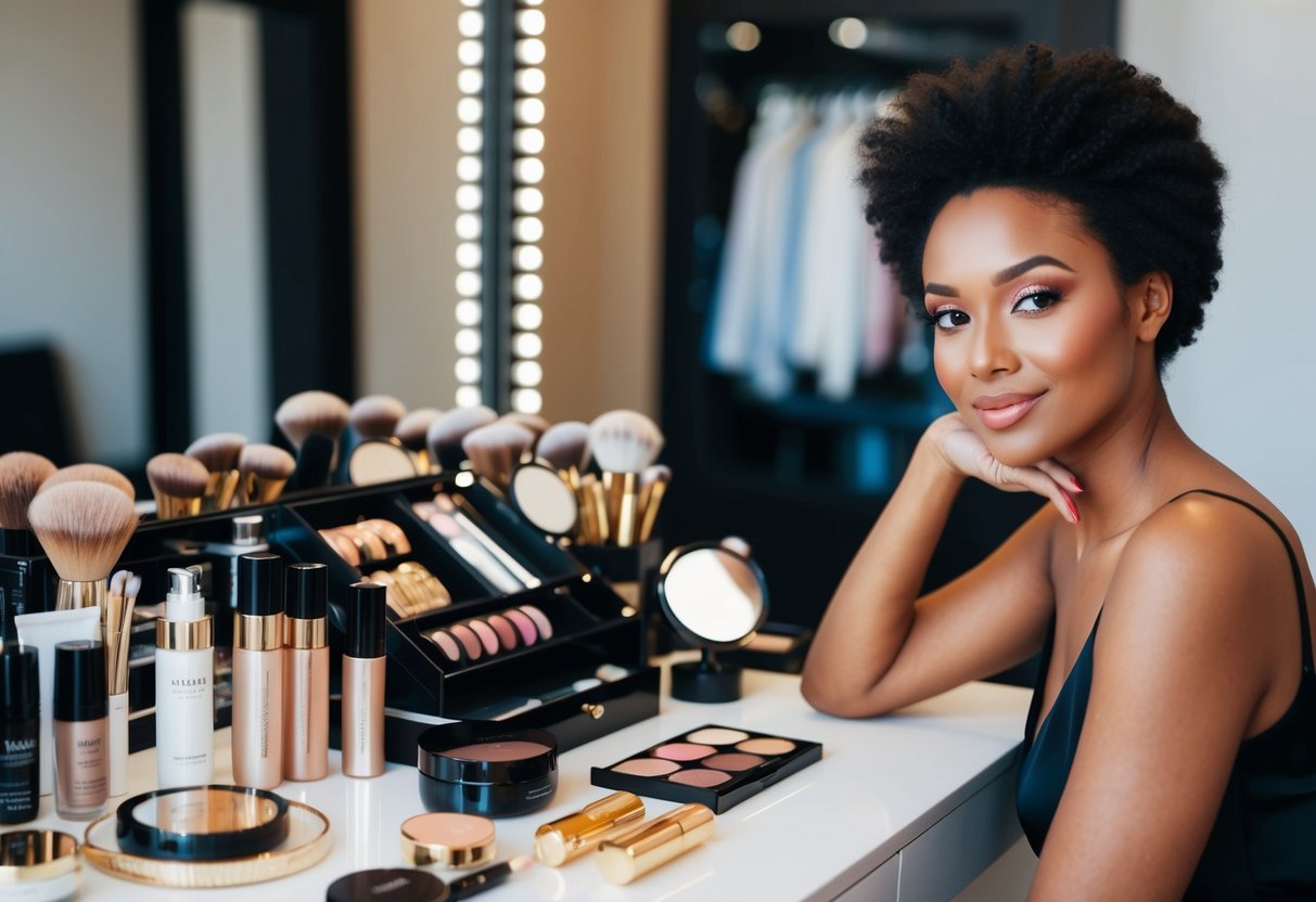 A woman's vanity table with makeup and skincare products neatly organized, alongside a natural-looking woman with a confident expression