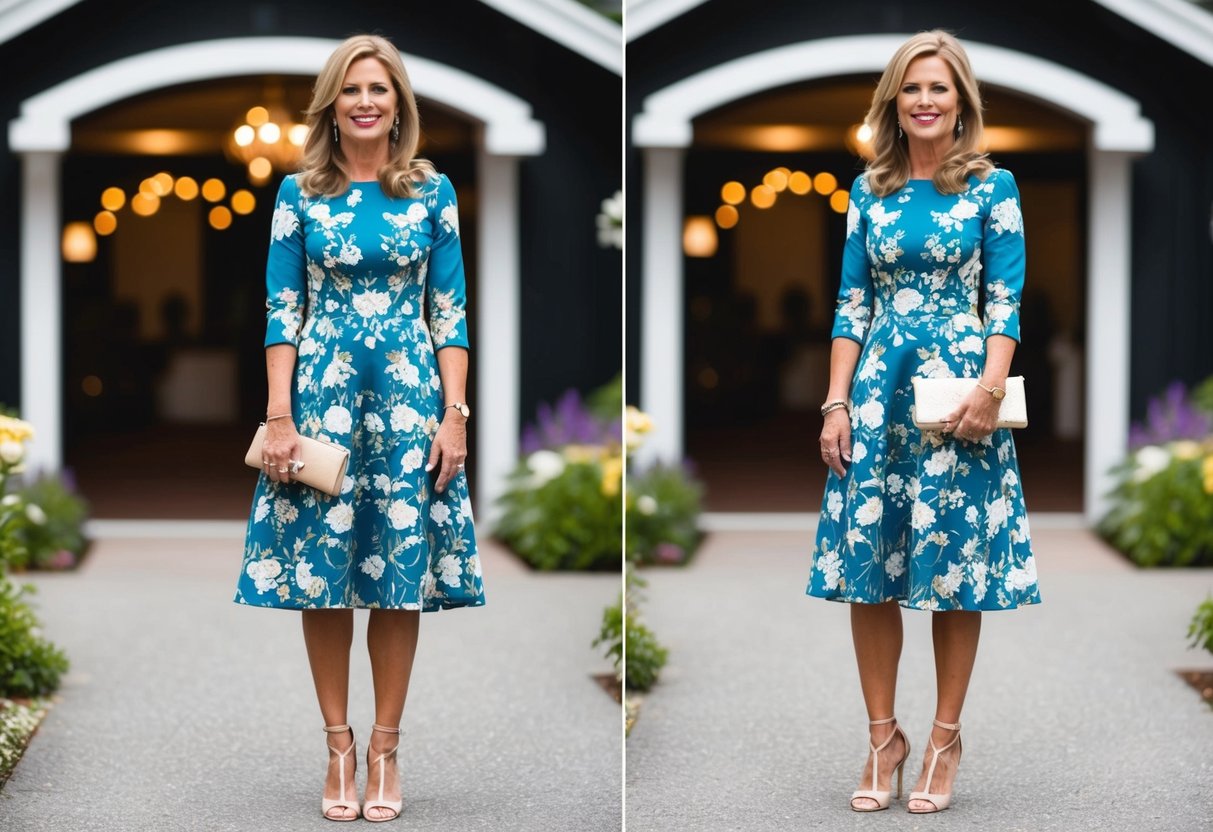 A 40-year-old woman wearing a knee-length floral dress and strappy heels, holding a small clutch purse, standing in front of a wedding venue with a smile on her face