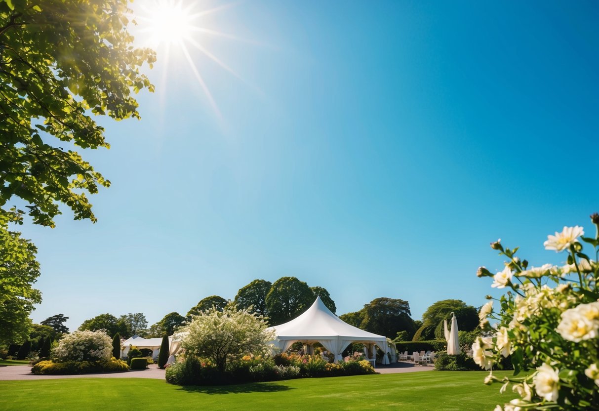 A bright and sunny day with a clear blue sky, showing a wedding venue with lush greenery and flowers in full bloom