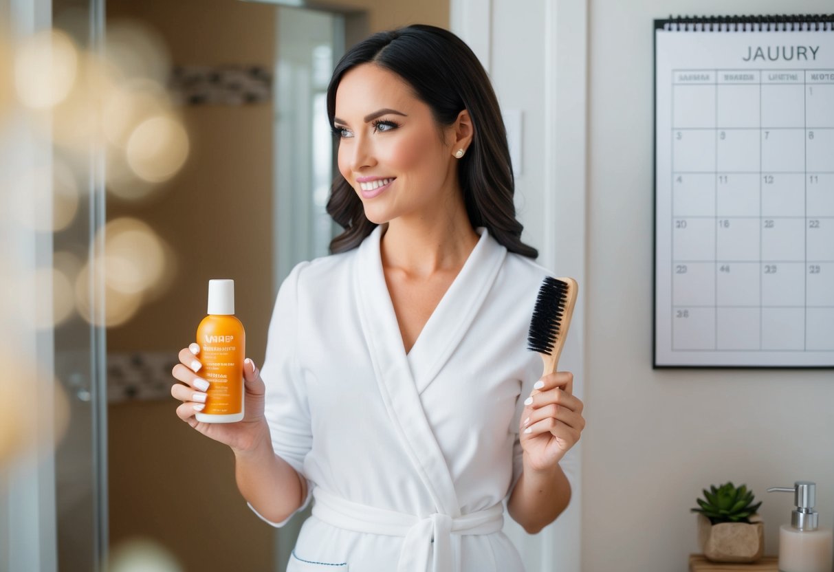 A woman stands in a well-lit bathroom, holding a bottle of self-tanner and a soft-bristled brush. A calendar on the wall shows the date of the upcoming wedding