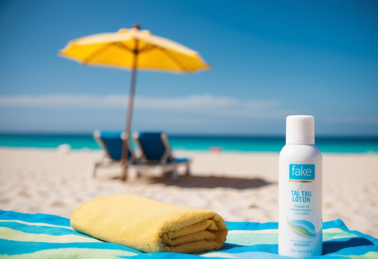 A sunny beach with a clear blue sky, a beach umbrella, and a bottle of fake tan lotion on a towel