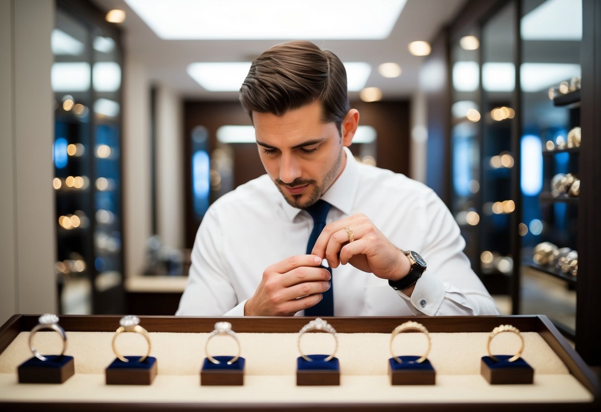 A man examines a display of wedding bands, trying on different styles and sizes to find the perfect match