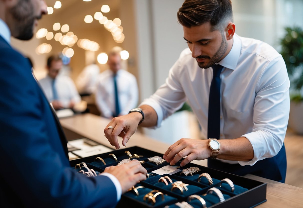 A man browses through a selection of wedding bands, comparing different styles and price points. He carefully considers his budget and financial considerations before making a decision