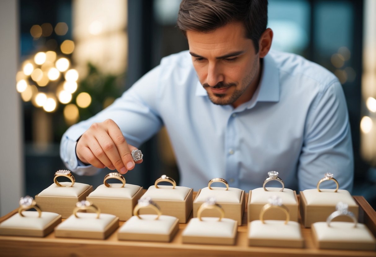 A man carefully examines a display of wedding bands, considering their symbolism and value