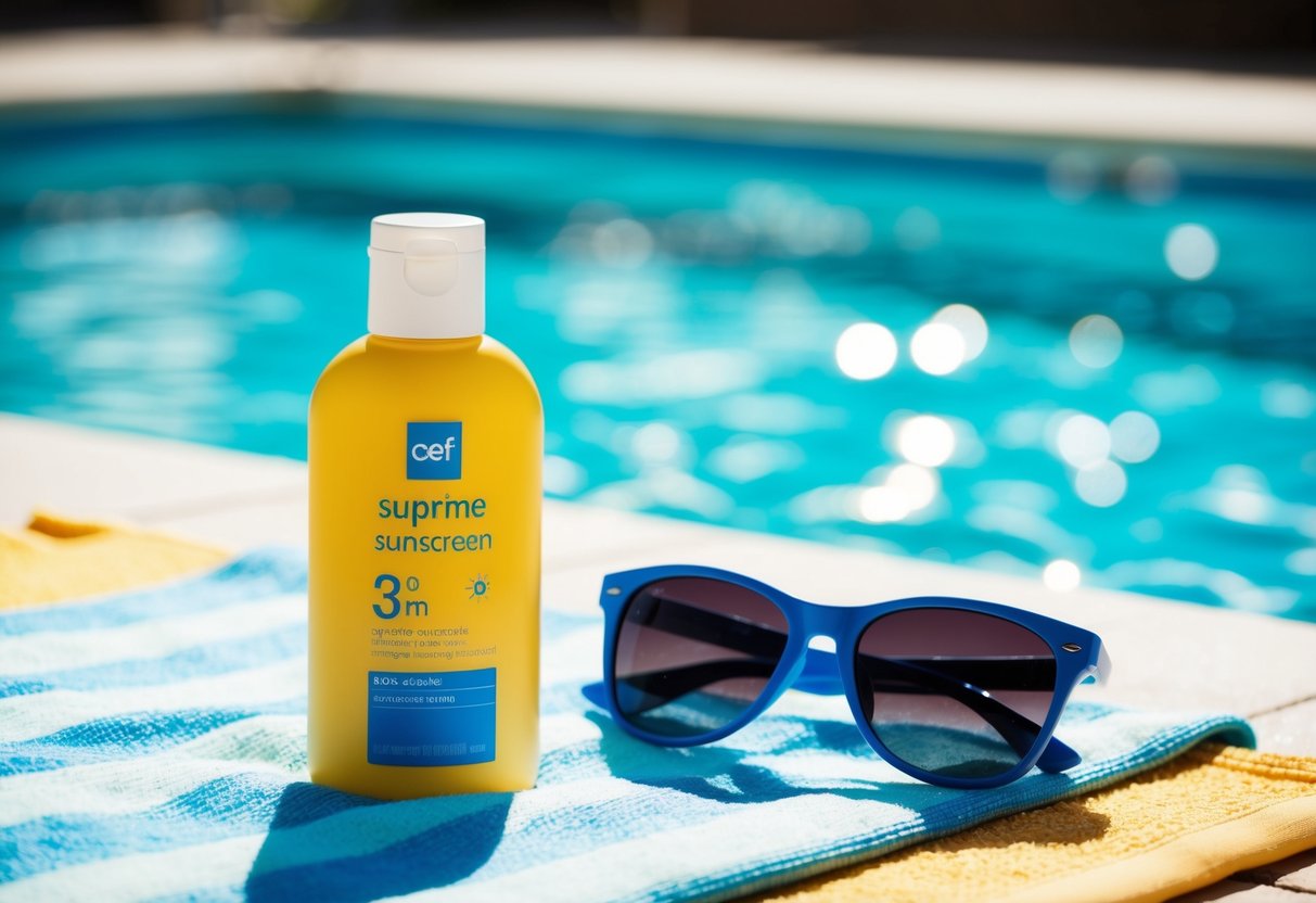 A bottle of sunscreen and a pair of sunglasses lying on a beach towel next to a sparkling pool