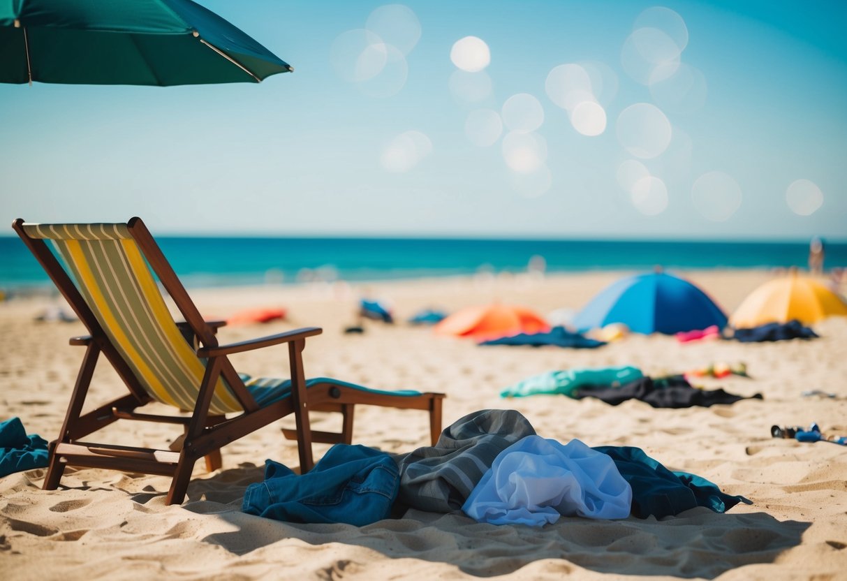 A sunny beach with a chair, umbrella, and scattered clothing