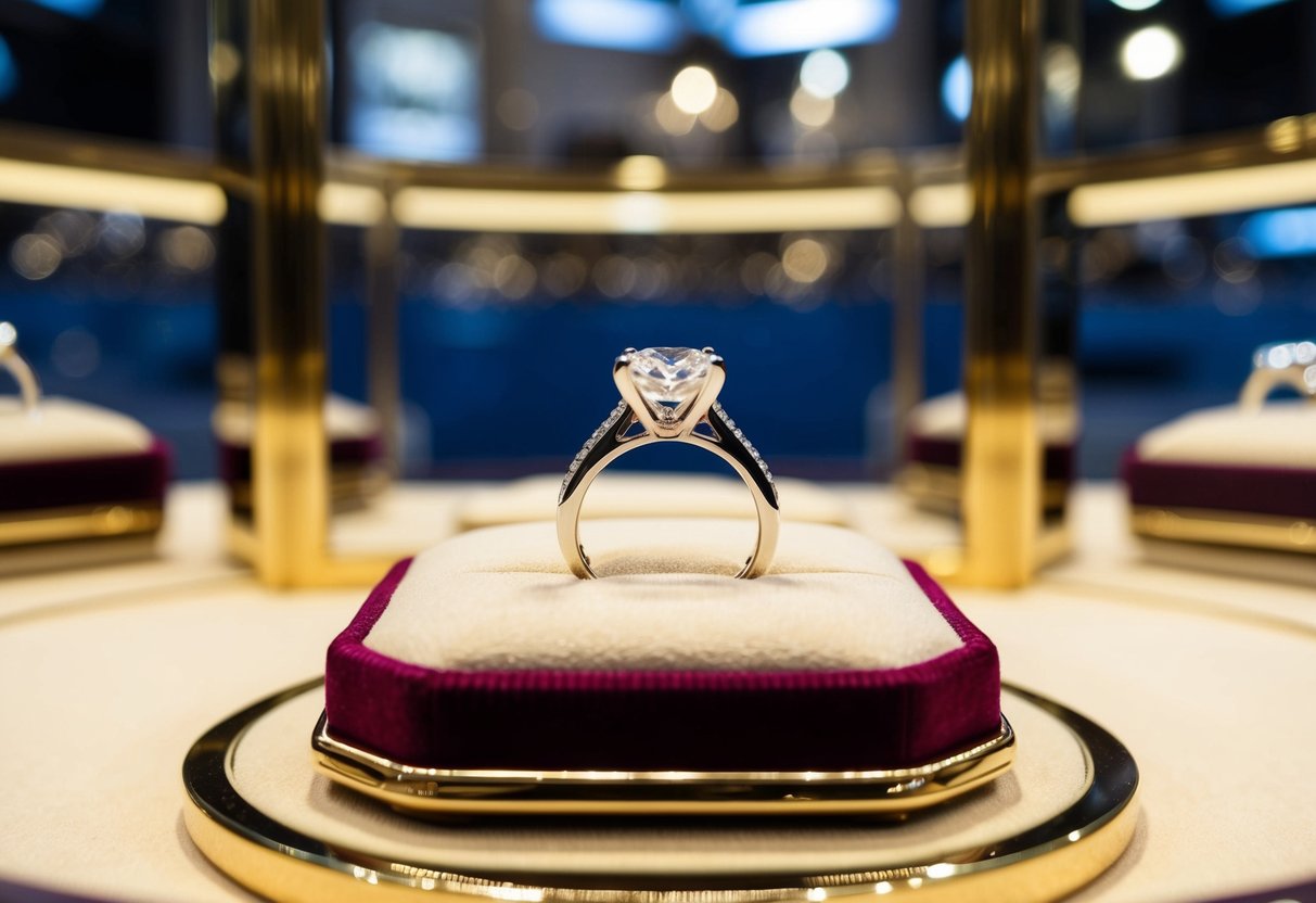 A sparkling 20k engagement ring rests on a velvet cushion in a luxurious jewelry store display case
