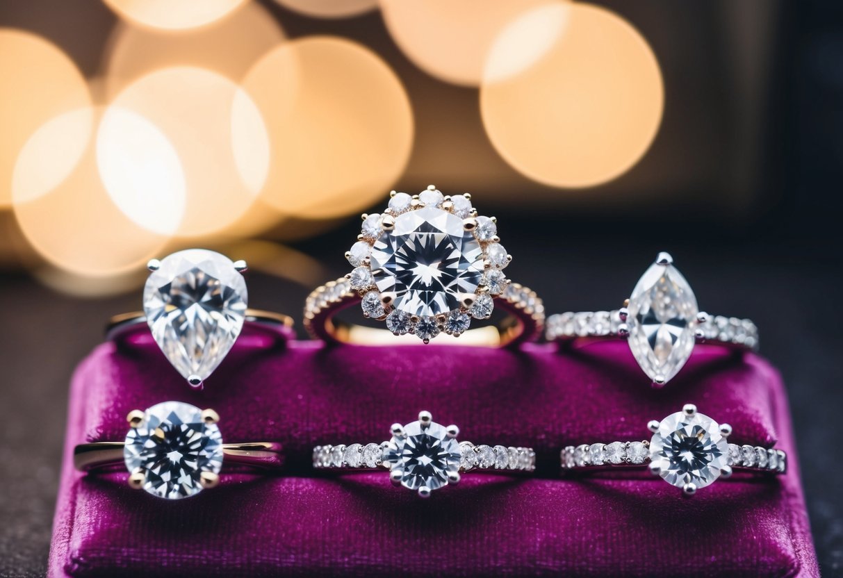 A sparkling 20k engagement ring with various diamond shapes and settings displayed on a velvet cushion under soft, warm lighting