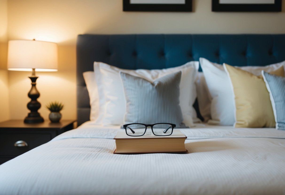 A cozy bedroom with two nightstands, a shared book on the bed, and two pairs of reading glasses
