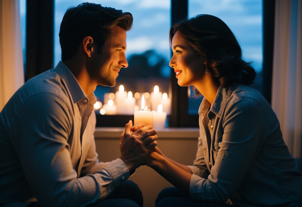 A husband and wife sit close together, sharing a quiet moment by candlelight. They hold hands and gaze into each other's eyes, building intimacy through conversation