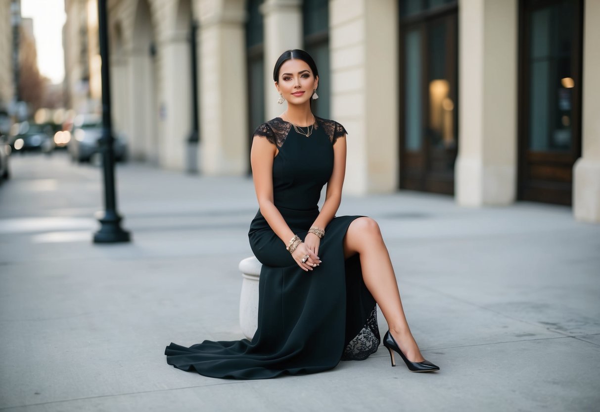 A sleek black dress with delicate lace details, paired with minimalist jewelry and a classic pair of heels