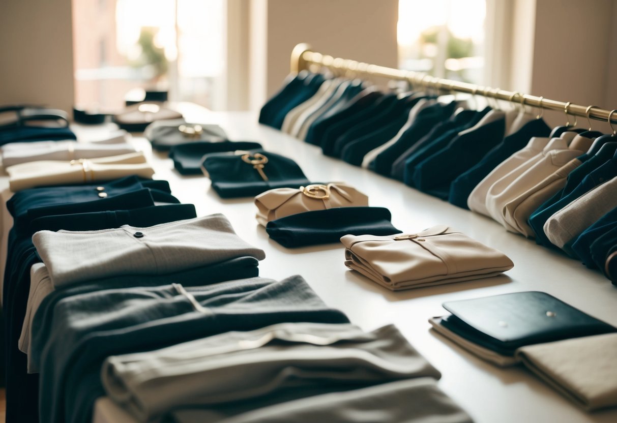 A neatly arranged table with a selection of simple yet elegant clothing and accessories laid out in an organized and visually appealing manner