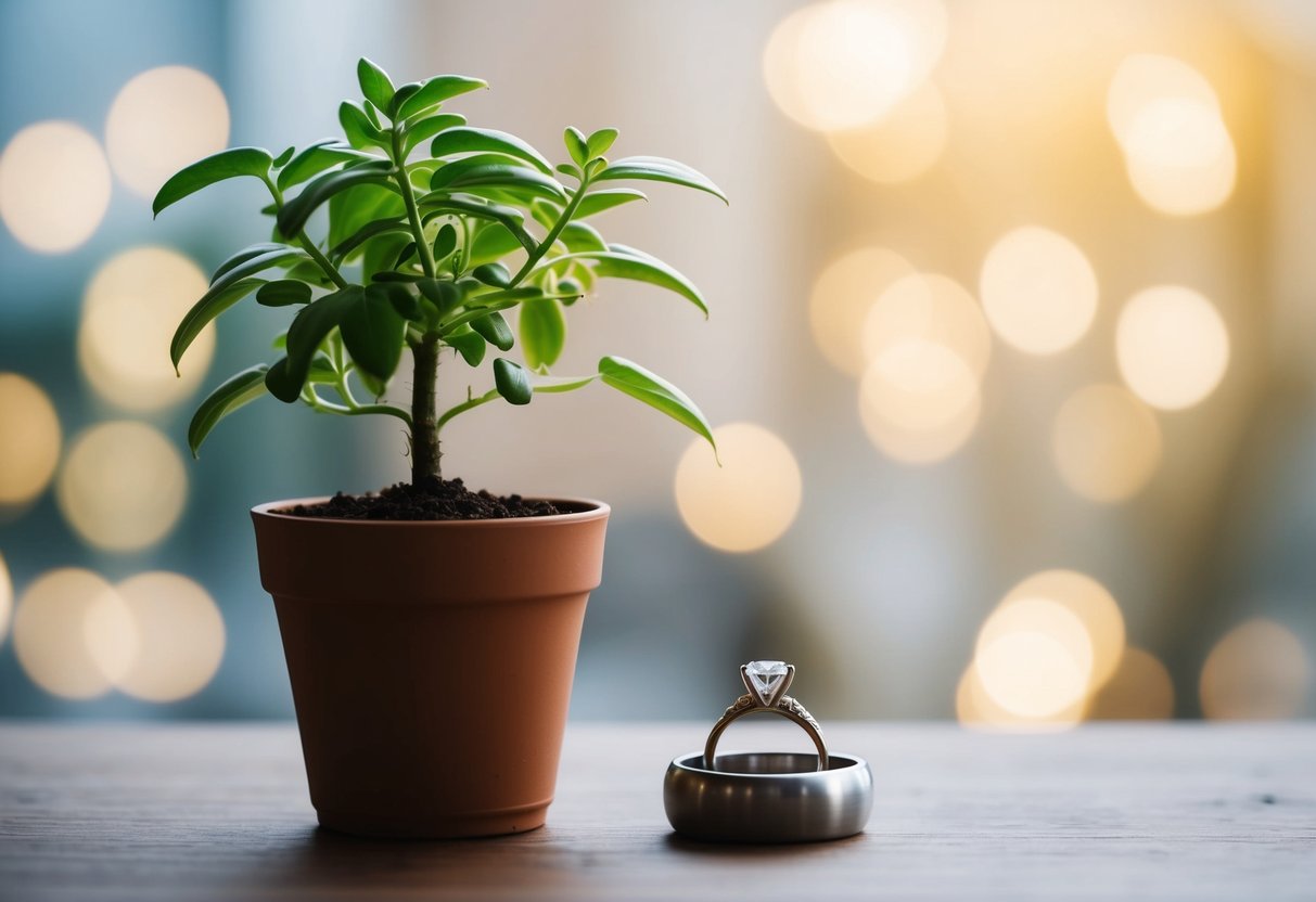 A wedding ring and a growing plant in a pot, symbolizing the growth and change that comes with marriage